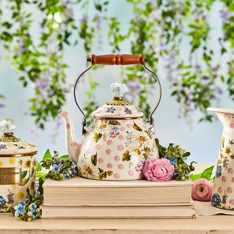 MacKenzie-Childs Wildflowers White/Pink/Brown/Green 2 Quart Tea